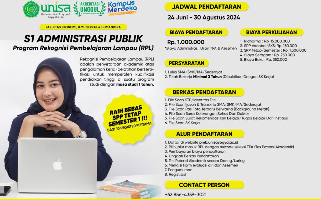 Program Rekognisi Pembelajaran Lampau (RPL) Program Studi S1 Administrasi Publik di UNISA Yogyakarta Tahun 2024/2025 Telah Dibuka